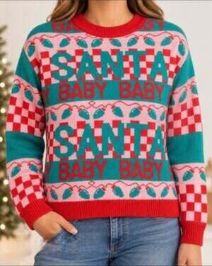 NEW! Women's Santa Baby Ugly Christmas Sweater Holiday Festive Size XS Oversized